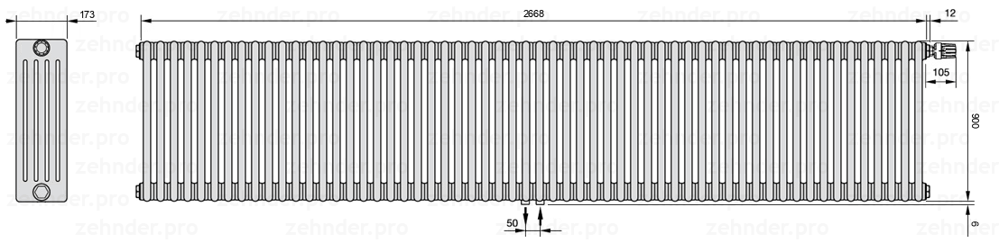 Схема (чертеж) Радиатор Zehnder Charleston 5090/58 №V008 Белый глянцевый RAL 9016